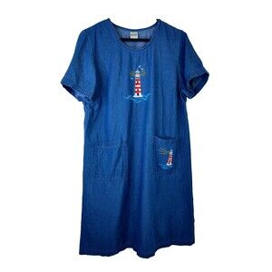 Blair Women’s Size M  Pockets Short Sleeve Midi Denim Dress Modest w Lighthouses